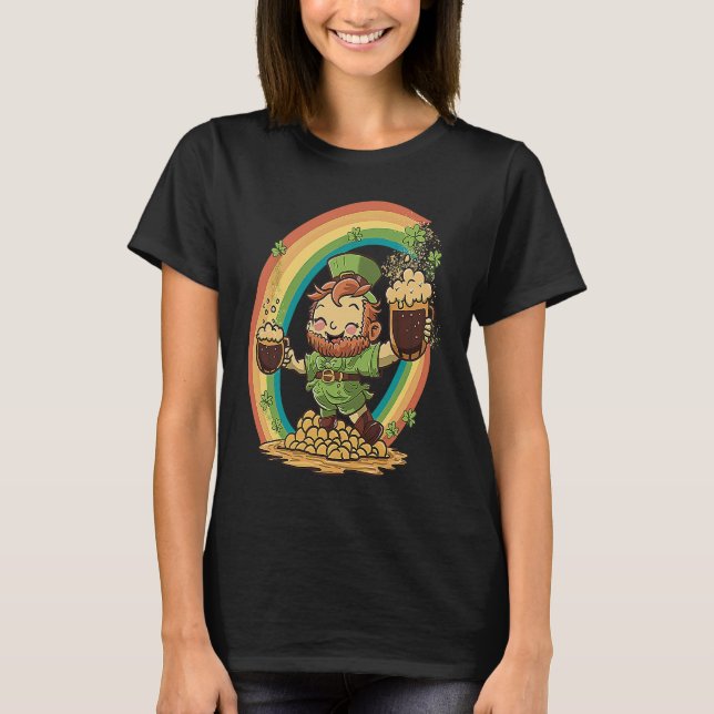 Camiseta Cute St Patricks Day Rainbow and Leprechaun Holdin (Frente)