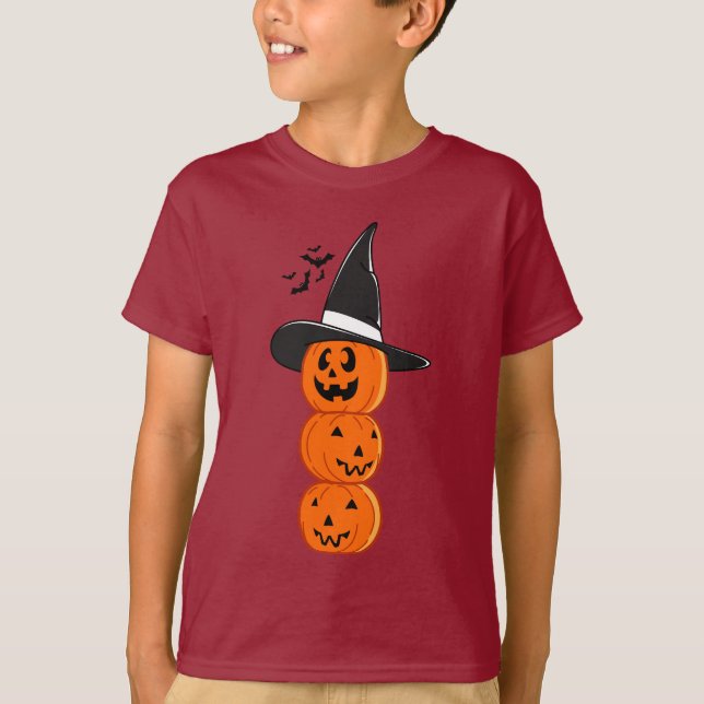 Camiseta Cute Stacked Pumpkin Witch Halloween Kids' Shirt (Frente)