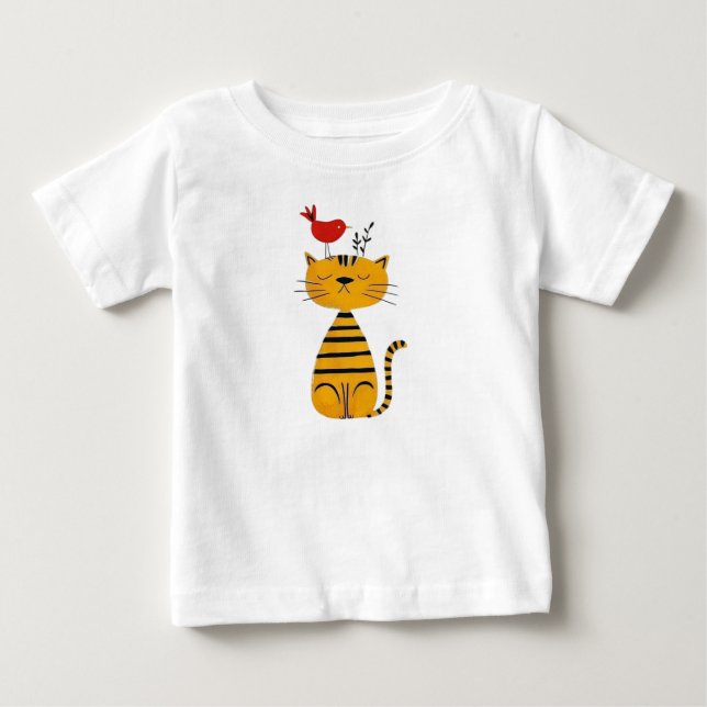 Camiseta Cute Striped Cat and Red Bird Art (Frente)