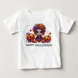 Camiseta Cute Sugar Skull com Jack-O-Lanterns e Flores
