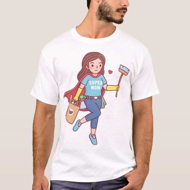 Camiseta Cute Super Mom With Cleaning Tools and Groceries F (Frente)