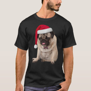 Camiseta Cute Tan Pug Santa Hat Xadrez Bowtie Cristma