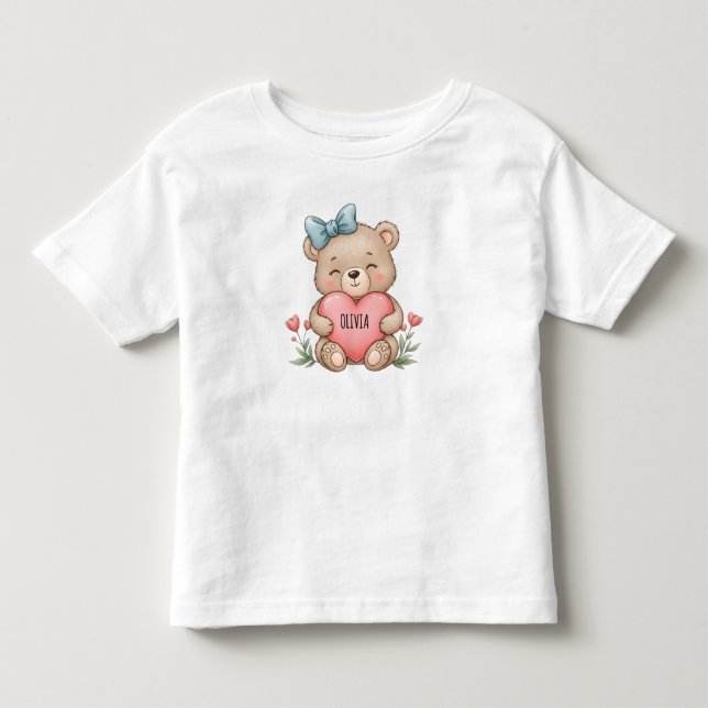 Camiseta Cute Teddy Bear Holding Pink Heart (Frente)