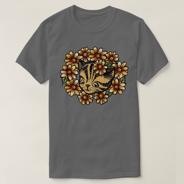 Camiseta Cute Tiger Stripe Tabby Cat Art Daisies  (Frente do Design)