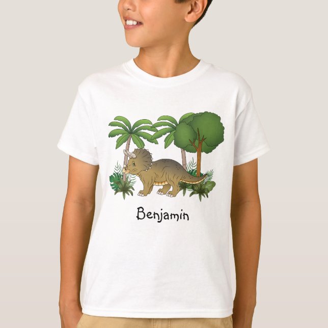 Camiseta Cute Triceratops Dinossauro Com Árvores E Plantas (Frente)