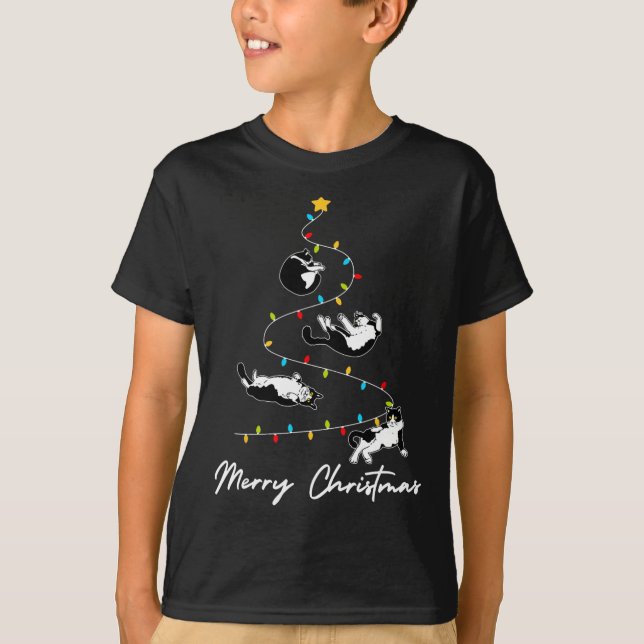 Camiseta Cute Tuxedo Gato Luzes De Árvore De Natal Propriet (Frente)