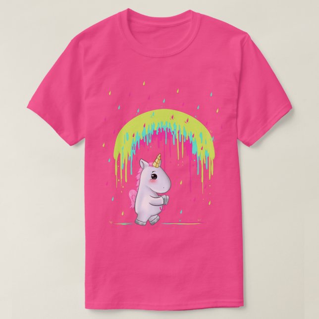 Camiseta Cute Unicorn Segurando Rainbow Umbrella Idea (Frente do Design)
