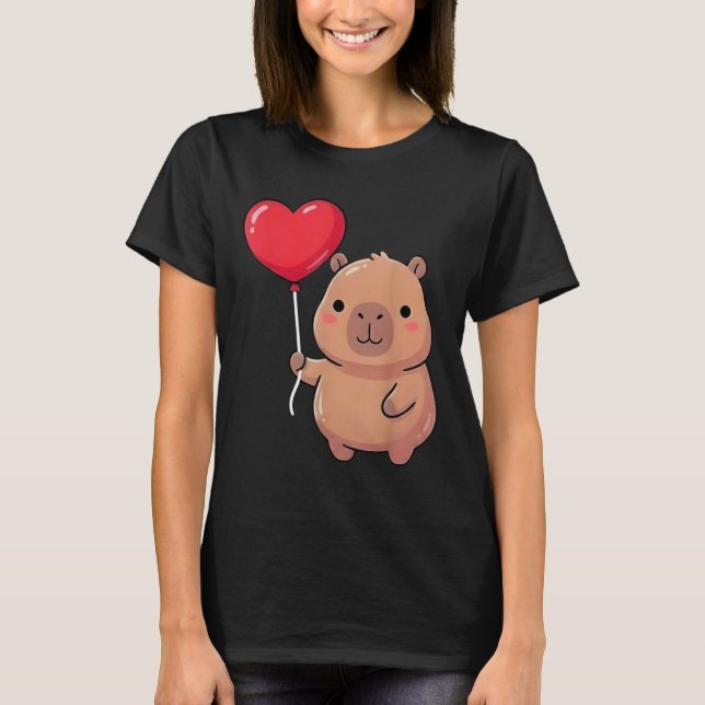Camiseta Cute Valentine's Day Capybara Holding Heart Balloo (Frente)