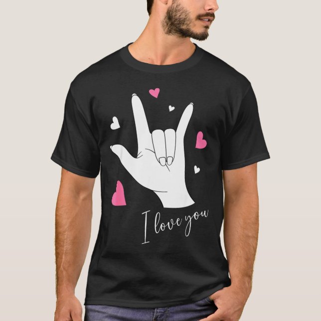 Camiseta Cute Valentines Day Hearts I Love You Hand Sign La (Frente)