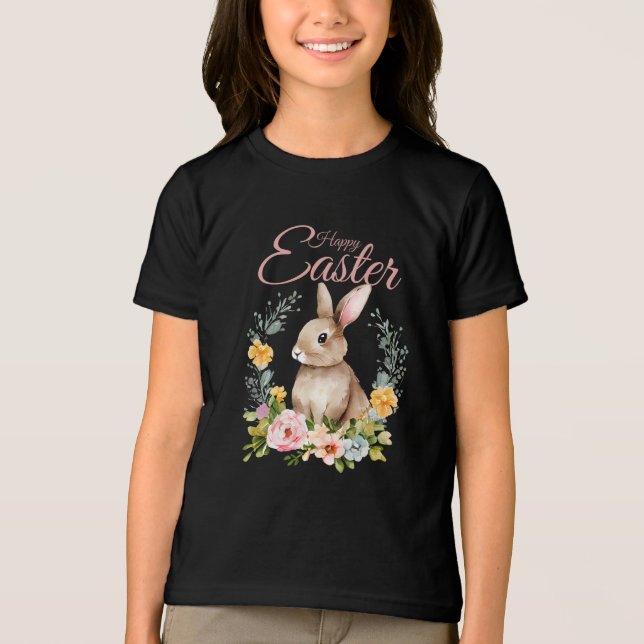 Camiseta Cute Watercolor Bunny Floral Wreath Easter (Frente)
