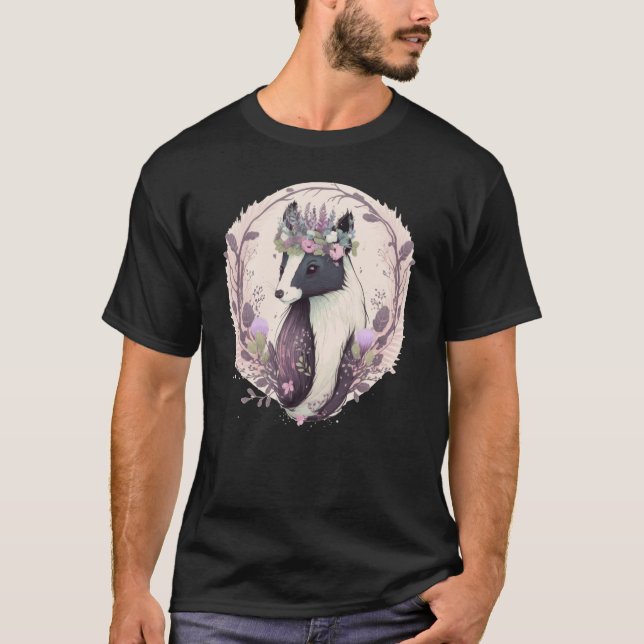 Camiseta Cute Watercolor Skunk Pet Flower Crown Animal (Frente)