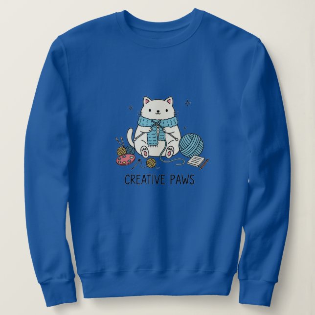 Camiseta Cute White Cat Knitting Blue Yarn Cozy Design (Frente do Design)