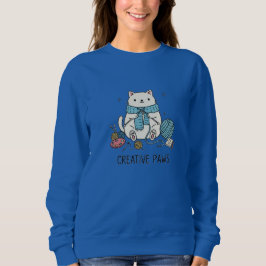 Camiseta Cute White Cat Knitting Blue Yarn Cozy Design