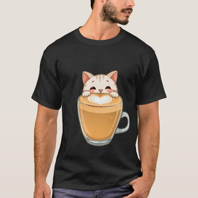 Camiseta Cute White Cat Latte Art Coffee Heart  ✨🐾☕ (Frente)
