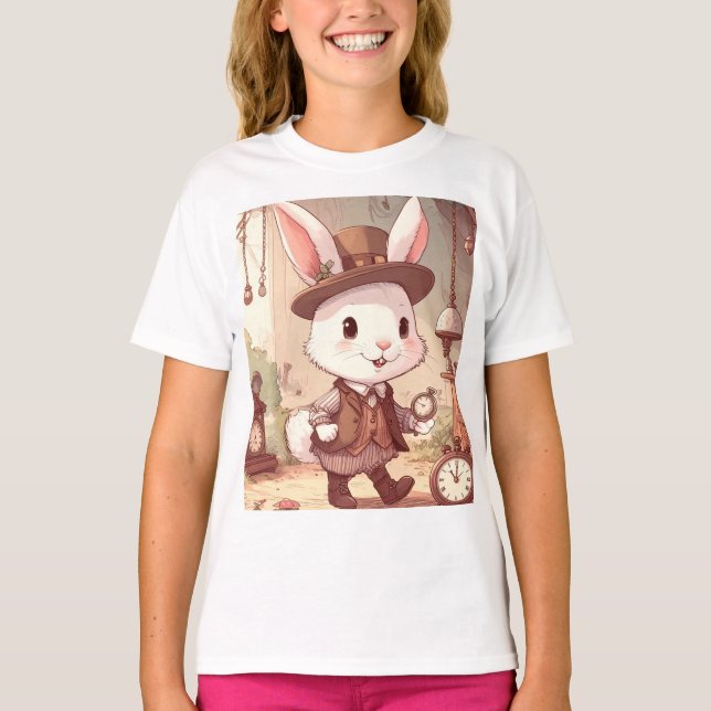 Camiseta Cute White Rabbit Wonderland Whimsical Timekeeper (Frente)