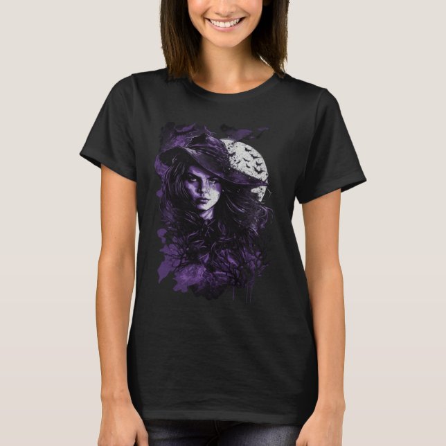 Camiseta Cute Witch Wiccan Wicca Pagan Girl under Full Moon (Frente)