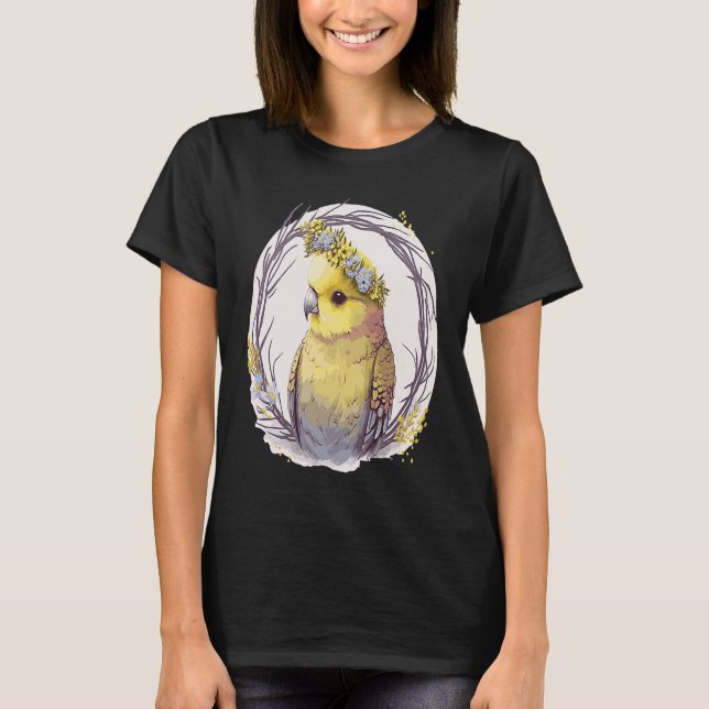 Camiseta Cute Yellow Budgie Parakeet Bird Flower Crown Pet  (Frente)