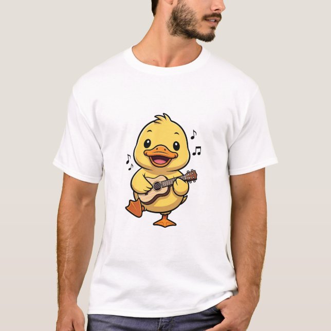 Camiseta Cute Yellow Cartoon Duck Playing Ukulele (Frente)
