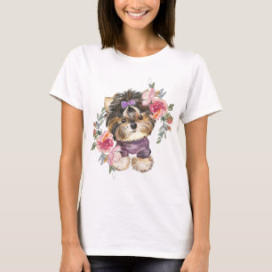 Camiseta Cute Yorkshire Terrier Yorkie e flores