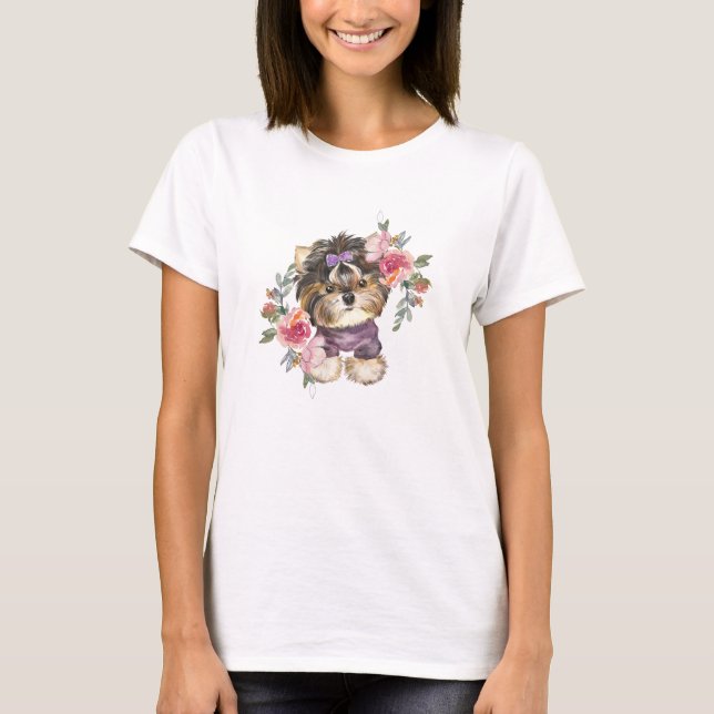 Camiseta Cute Yorkshire Terrier Yorkie e flores (Frente)