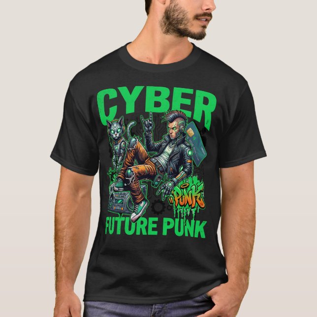 Camiseta Cyber Future Punk – Roupas de Rua Neon Cyborg Cat (Frente)