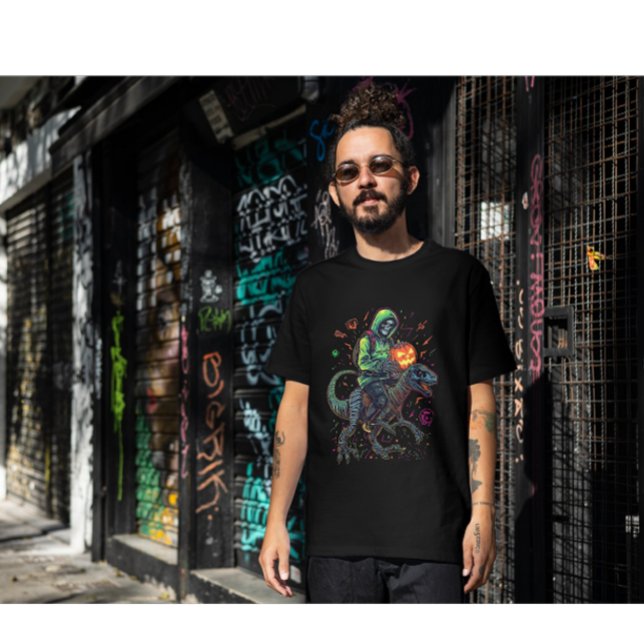 Camiseta Cyber Neon Skeleton Riding Robo Dino - Halloween (Criador carregado)