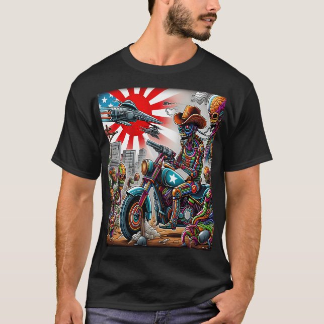 Camiseta Cybernetic Bikers in Psychedelic Apocalypse (Frente)