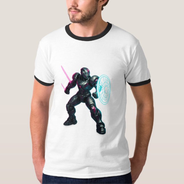 Camiseta Cybernetic Gladiator – Neon Blade Warrior (Frente)