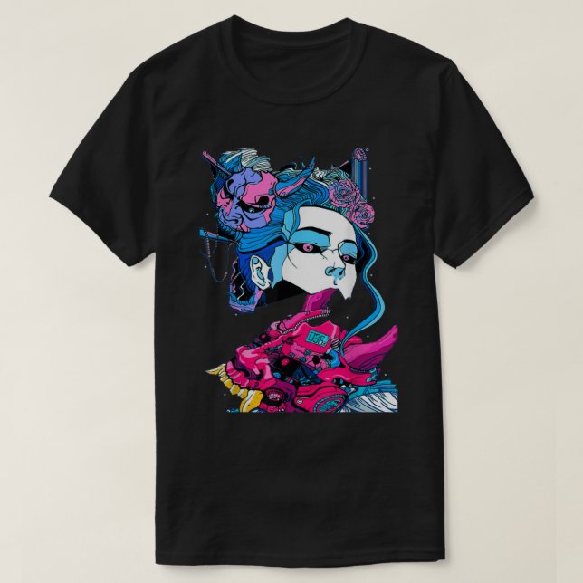 Camiseta Cyberpunk Aestético Samurai Demons Máscara Japonês (Frente do Design)