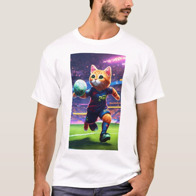 Camiseta Cyberpunk Cat Soccer Player Pontuando uma Meta | D (Frente)
