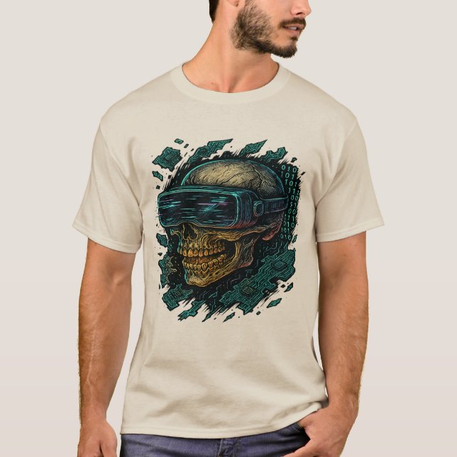 Camiseta Cyberpunk Glowing Skull with VR Headset – Futurist (Frente)