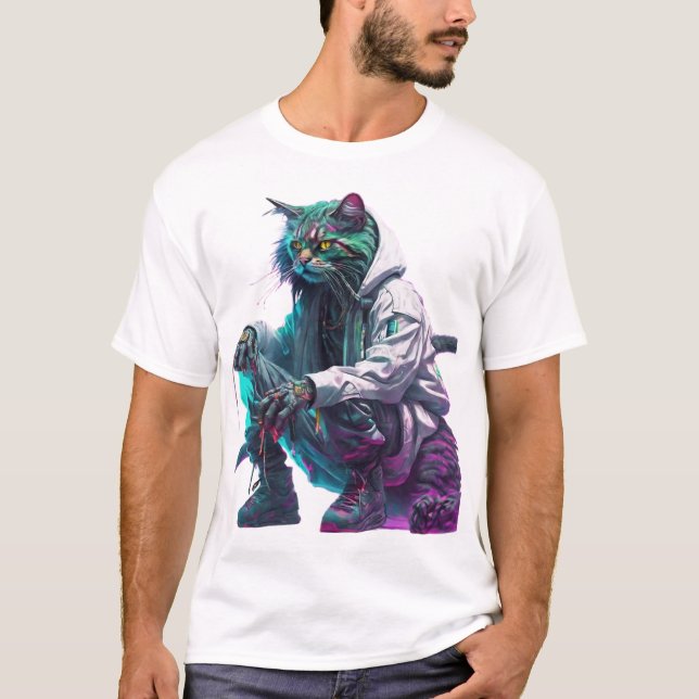Camiseta Cyberpunk Neon Cat em Streetwear Urbanos (Frente)