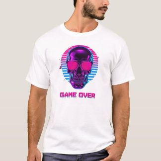 Camiseta Cyberpunk Neon Skull Game Over em Rosa e