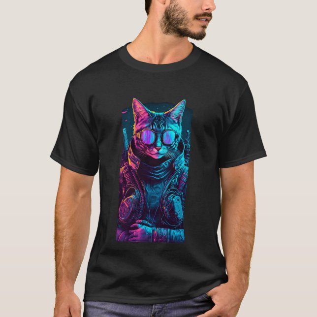 Camiseta Cyberpunk neon twilight cat óculos do soldado negr (Frente)