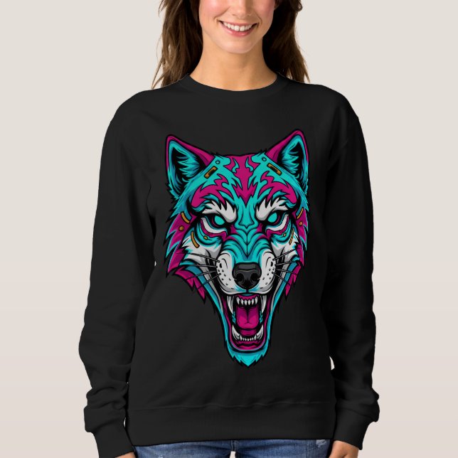 Camiseta Cyberpunk Neon Wolf - Synthwave Robotic Animal (Frente)