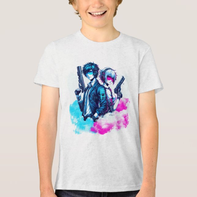 Camiseta Cyberpunk Rebels - Neon Duo com Blasters (Frente)