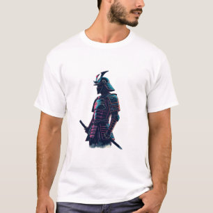 Camiseta Cyberpunk Samurai Robot Supervisionando Neon-Lit F