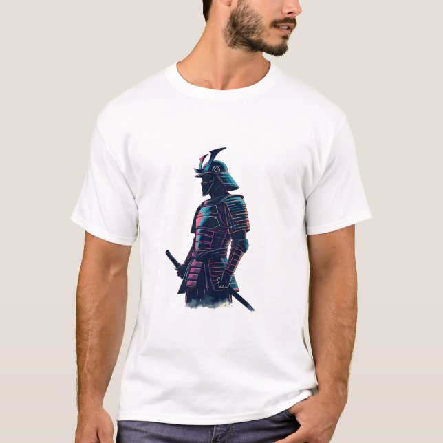 Camiseta Cyberpunk Samurai Robot Supervisionando Neon-Lit F (Frente)