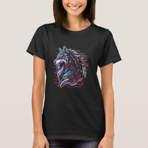 Camiseta Cyberpunk Wolf Dog Vaporwave Style Vivid Retro 80s