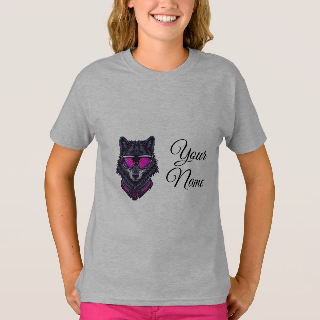 Camiseta Cyberpunk Wolf Neon Art Personalizable Name Mug -  (Frente)