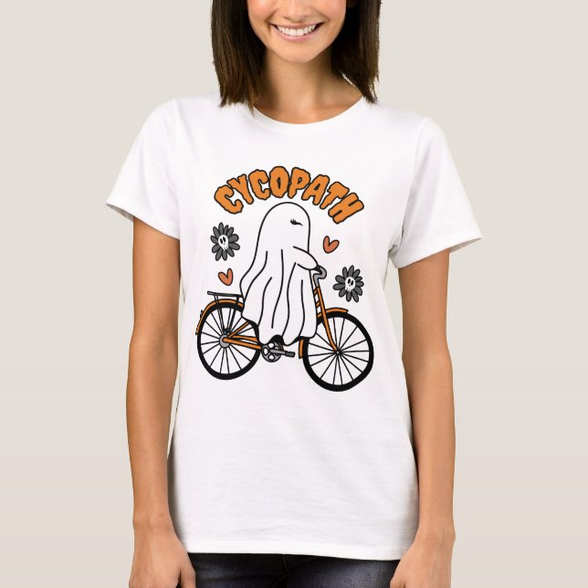 Camiseta Cycopath Halloween Ghost on Orange Bicycle (Frente)