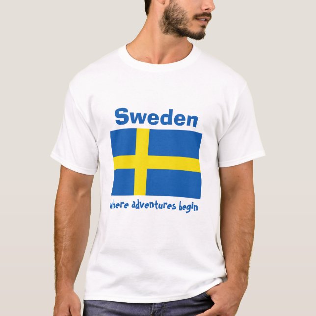 Camiseta da Bandeira da Suécia + Mapa + Texto (Frente)