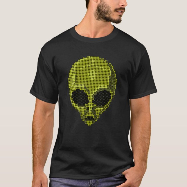 Camiseta da Cabeça de Alienígena Verde - Estante F (Frente)