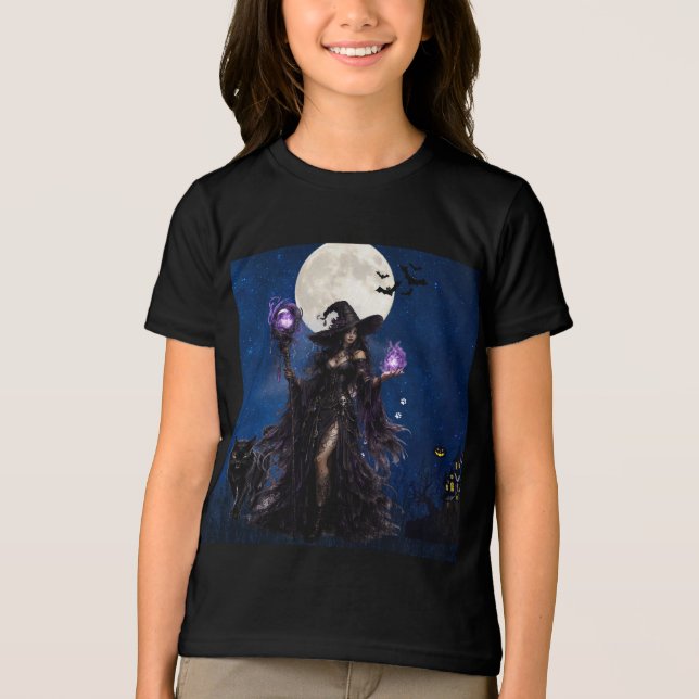 Camiseta da Lua de Halloween da Bruxa Mística (Frente)
