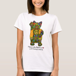 Camiseta Da mulher afortunada do gato preto do hippy o