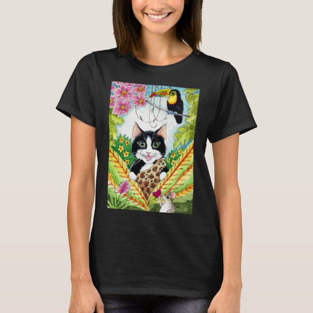 Camiseta da selva de orquídea de tucano de gato-ga (Frente)