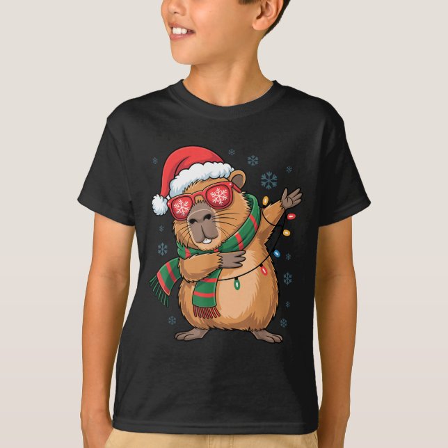 Camiseta Dabbing Capybara Christmas Santa Hat Funny Holiday (Frente)