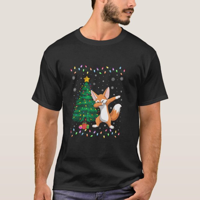 Camiseta Dabbing Fennec Fox Xmas Tree Lights Ugly Christmas (Frente)
