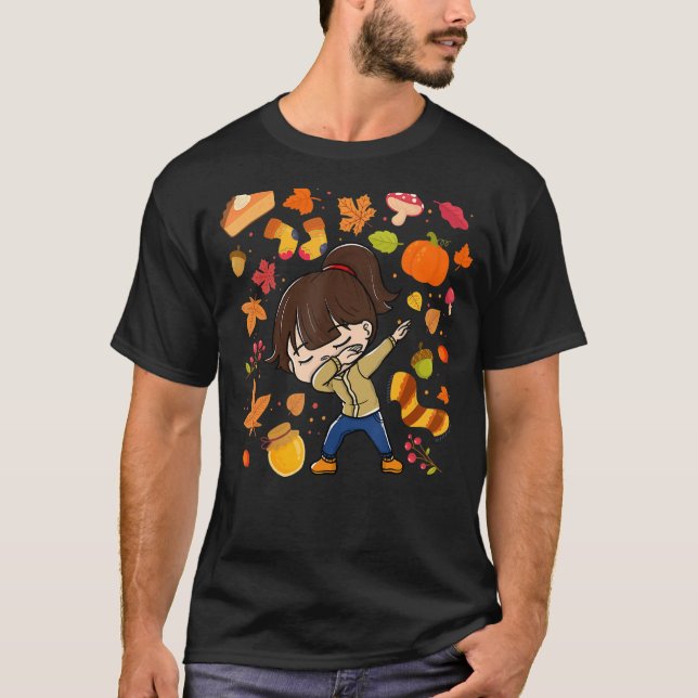 Camiseta Dabbing Girl Autumn Maple Pumpkin Fall Season Leav (Frente)