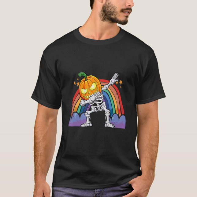 Camiseta Dabbing Halloween Pumpkin Skeleton Rainbow Boys Ki (Frente)